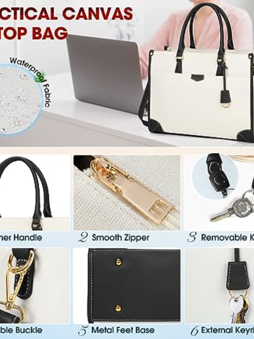 🆕 Laptop Bag for Women 15.6 inch Laptop Tote Bag Waterproof Canvas Work Bag - Picture 6 of 7